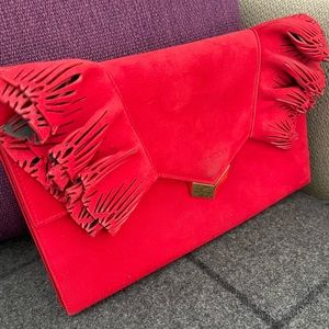 Jimmy Choo Red Suede Clutch w/ruffle